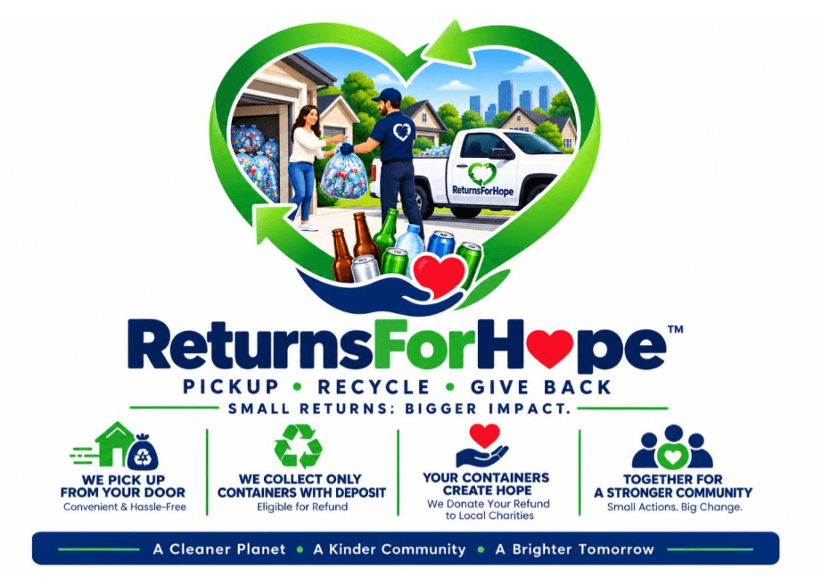 ReturnsForHope: Pickup, Recycle, Give Back. Small returns: bigger impact. Curbside pickup right at your door.