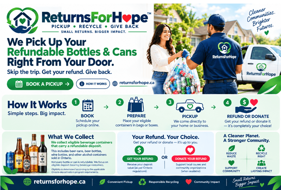 ReturnsForHope overview: book a pickup, prepare your containers in bags or boxes, we pick up from your home or business, then get your refund or donate it. We collect beer cans, beer bottles, wine bottles and other alcohol containers that carry a refundable Ontario deposit.